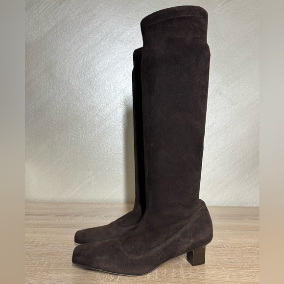 Cole Haan Y2K Size 7B Brown Suede Knee High Square Toe Kitten Stack Heel Boots - Picture 3 of 14